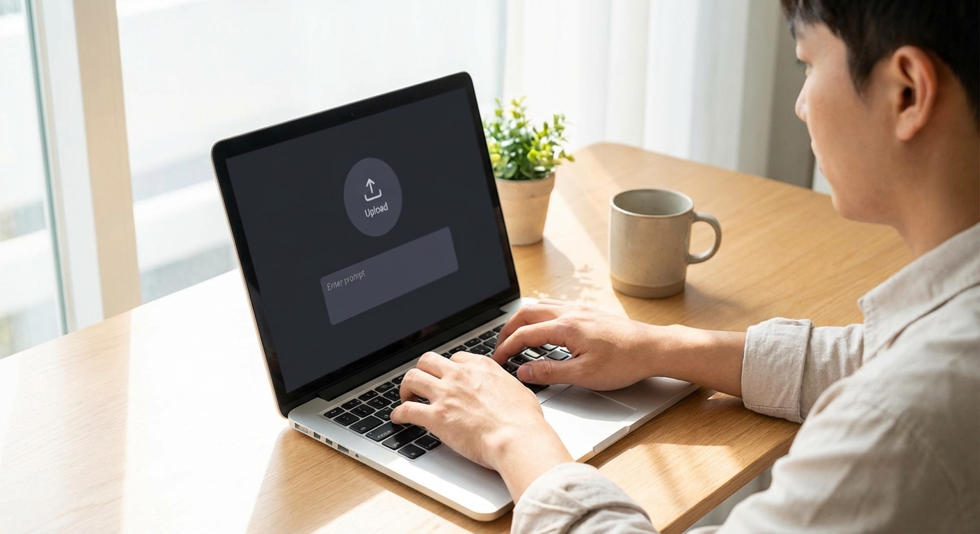 2026년 최신 Kling AI 사용법: 우리 집 반려동물 AI 댄스 영상 만들기 완벽 가이드 1 한국인 성인 남성 또는 여성의 손이 노트북 키보드를 타이핑하고 있으며, 화면에는 AI 비디오 생성 인터페이스가 흐릿하게 보이는 장면