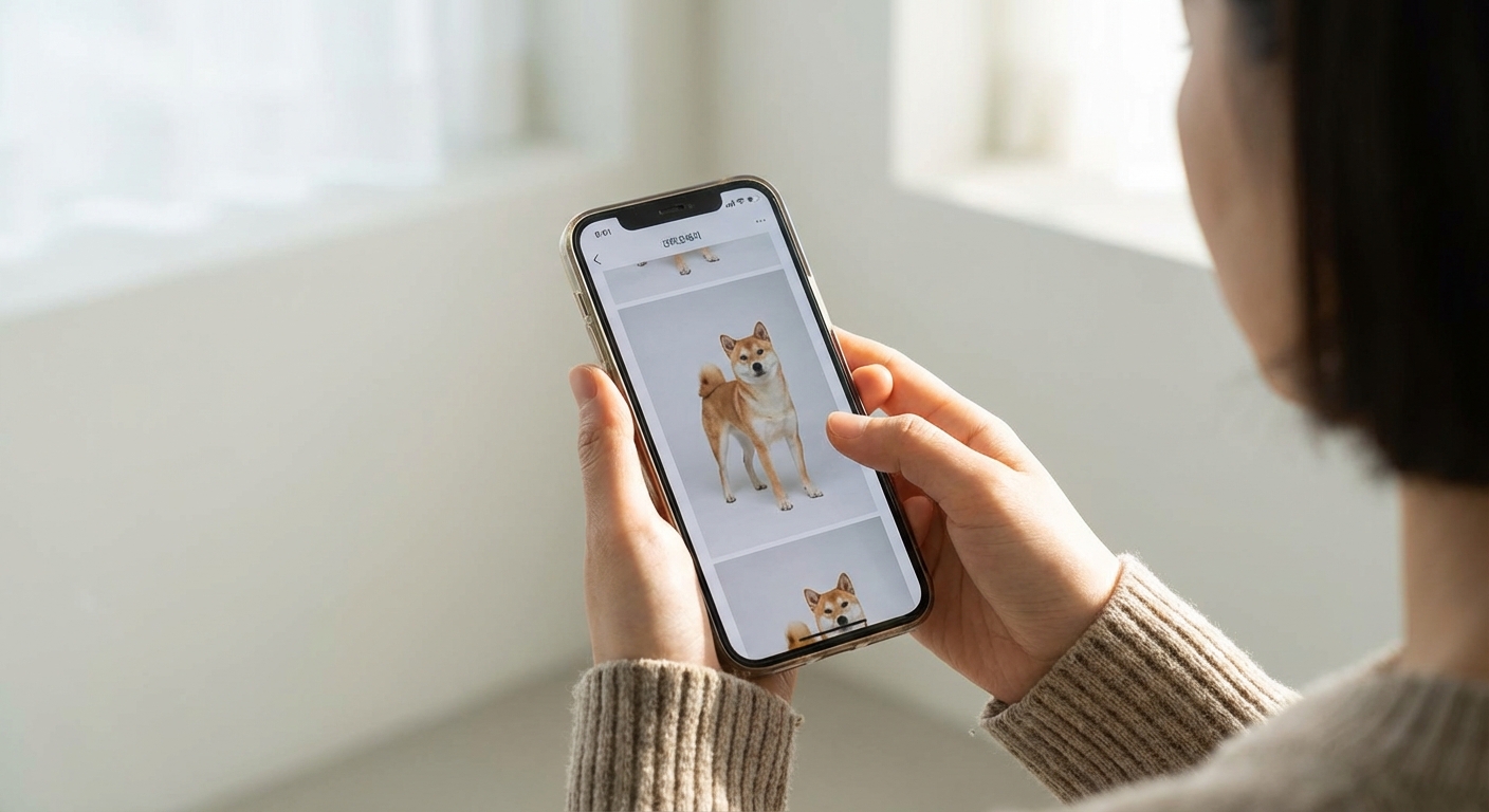 사진 한 장으로 AI 숏츠 영상 만드는 법: 2026년 앱으로 아기/강아지 댄스 영상까지 3 한국인 성인이 스마트폰 갤러리에서 좋은 강아지 사진을 고르는 모습