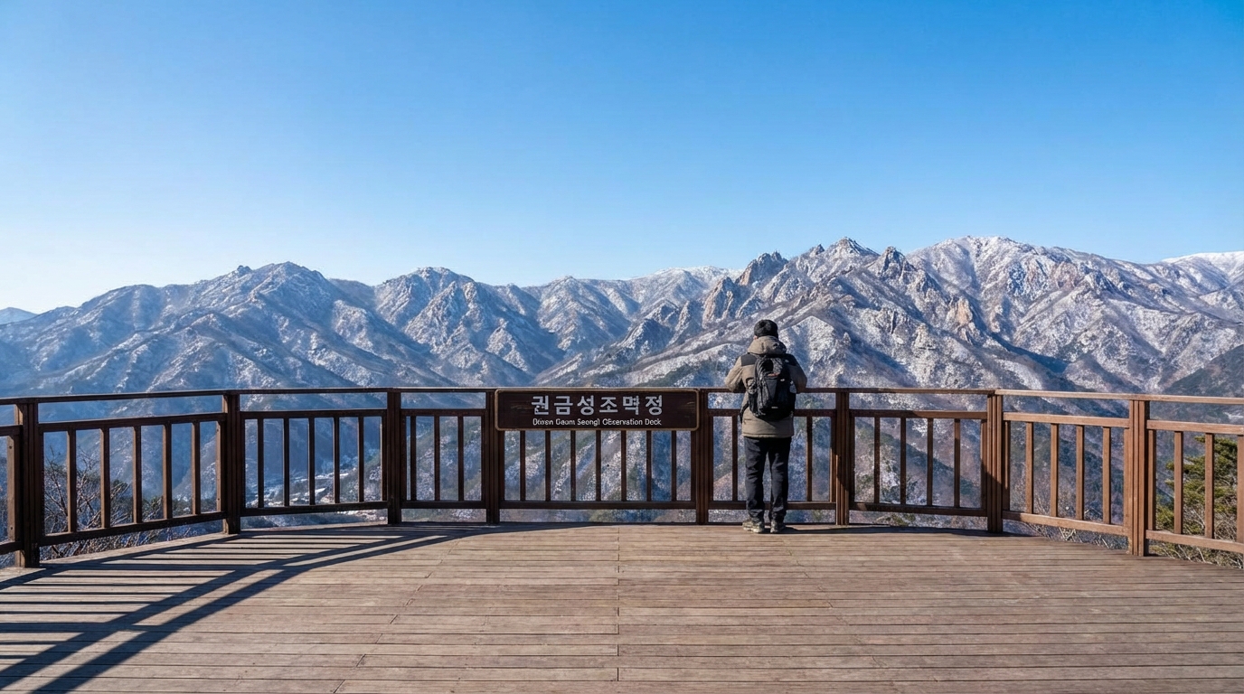 권금성 전망대에서 눈 덮인 설악산 봉우리들의 파노라마 전경을 등지고 감상하는 한국인 성인의 모습