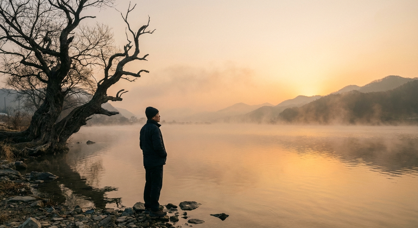 양평 두물머리에서 물안개가 피어오르는 강 위로 해가 떠오르는 신비로운 새벽 풍경