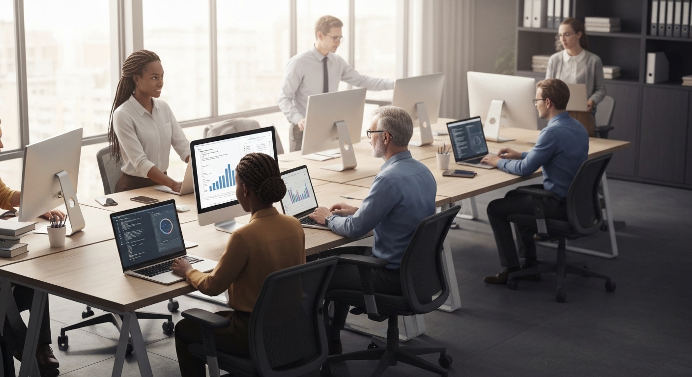 직장인들이 다양한 직무에서 파이썬을 활용하는 모습을 보여주는 사무실 환경의 실사 이미지