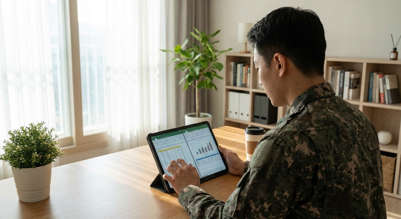 창문에서 부드러운 자연광이 들어오는 깨끗하고 잘 정돈된 방에서 태블릿으로 금융 서류를 꼼꼼히 검토하는 한국 성인 남성 군인의 어깨 너머 중간 샷.