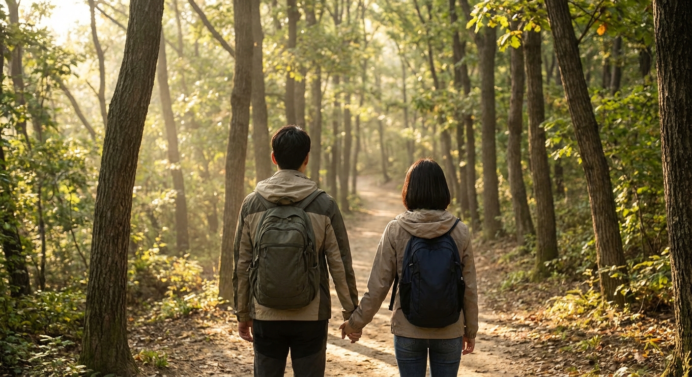 해가 뜬 후 조용한 숲길을 손잡고 걷는 한국인 커플의 뒷모습.
