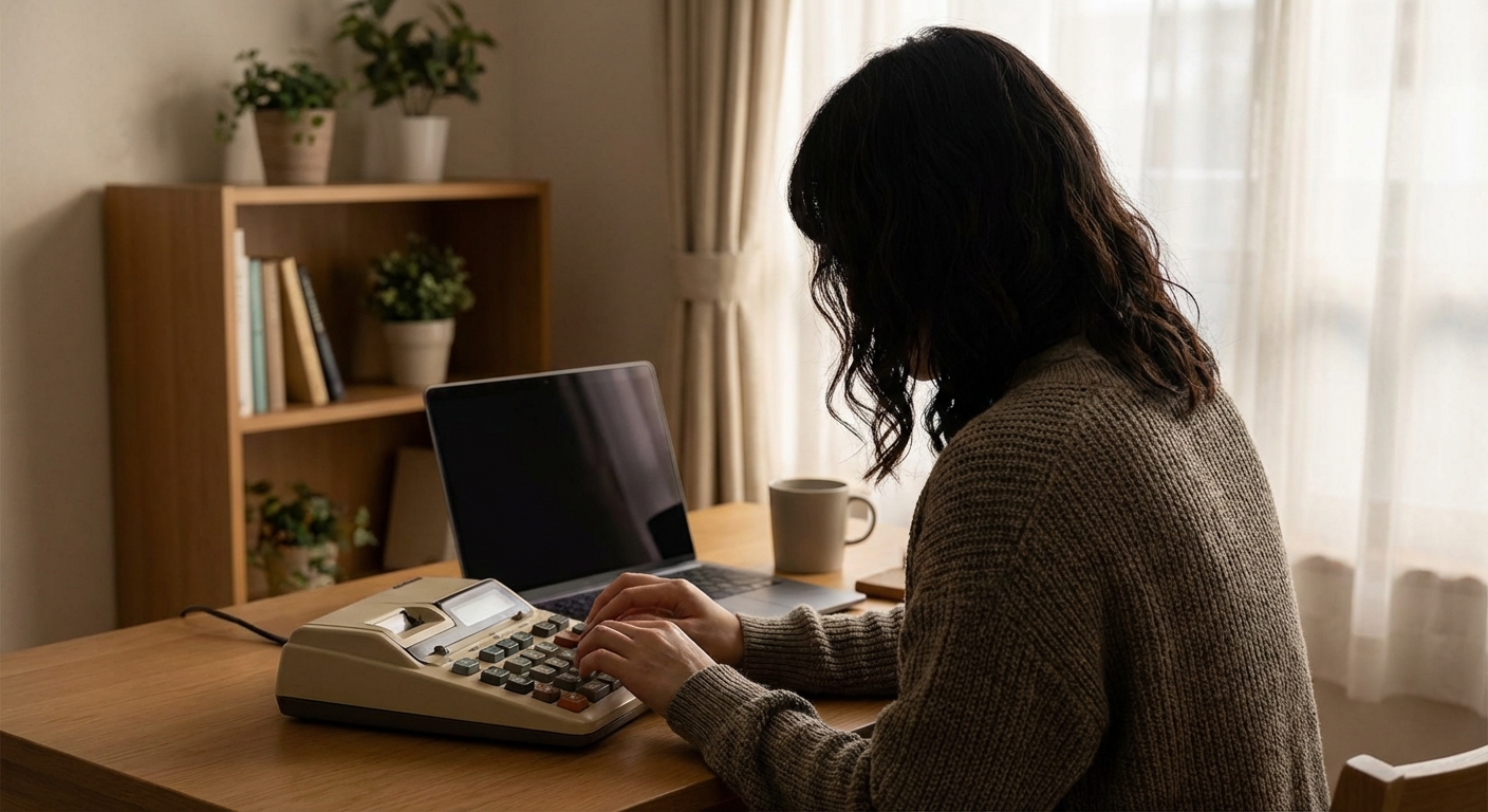 한국인 성인이 집에서 계산기나 노트북으로 급여를 계산하기 위해 숫자를 입력하는 모습