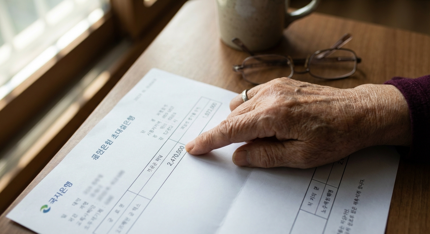 2026년 노인 단독가구 기초연금 선정기준 완벽 가이드: 월소득 247만원 이하 대상 집중 분석 2 노년의 한국인 여성의 손이 재정 문서에 적힌 '2,470,000'이라는 숫자를 가리키는 모습.