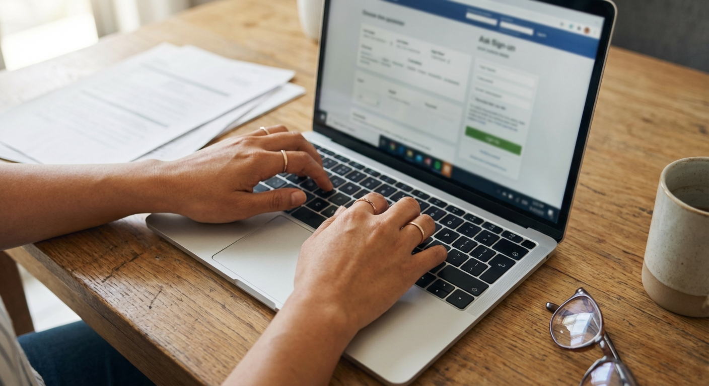 한국 성인이 노트북으로 세금 관련 웹사이트를 이용하며 연말정산 서류를 준비하는 모습.