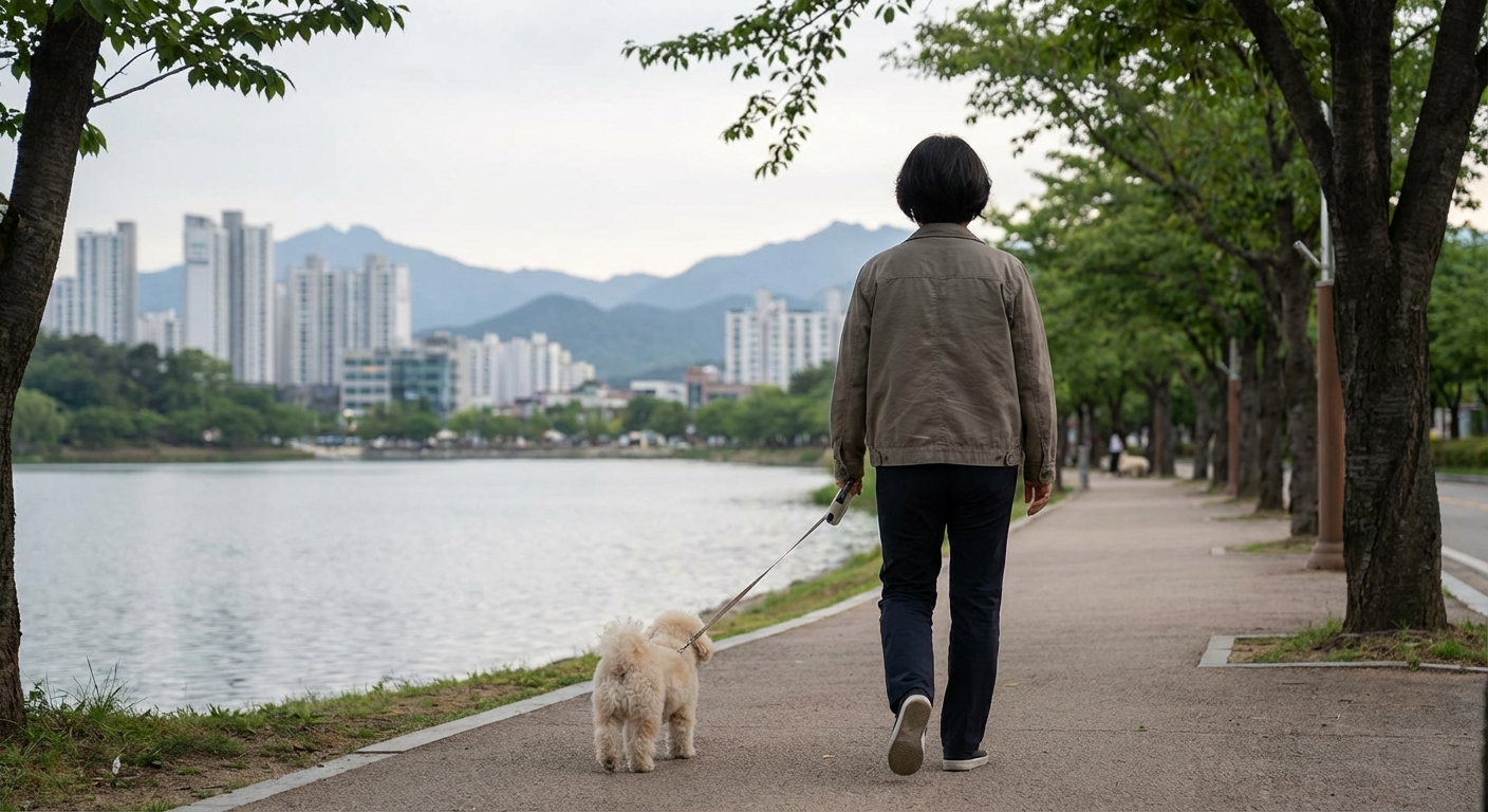 청초호 옆 포장도로에서 반려견과 함께 걷는 한국인 성인의 뒷모습