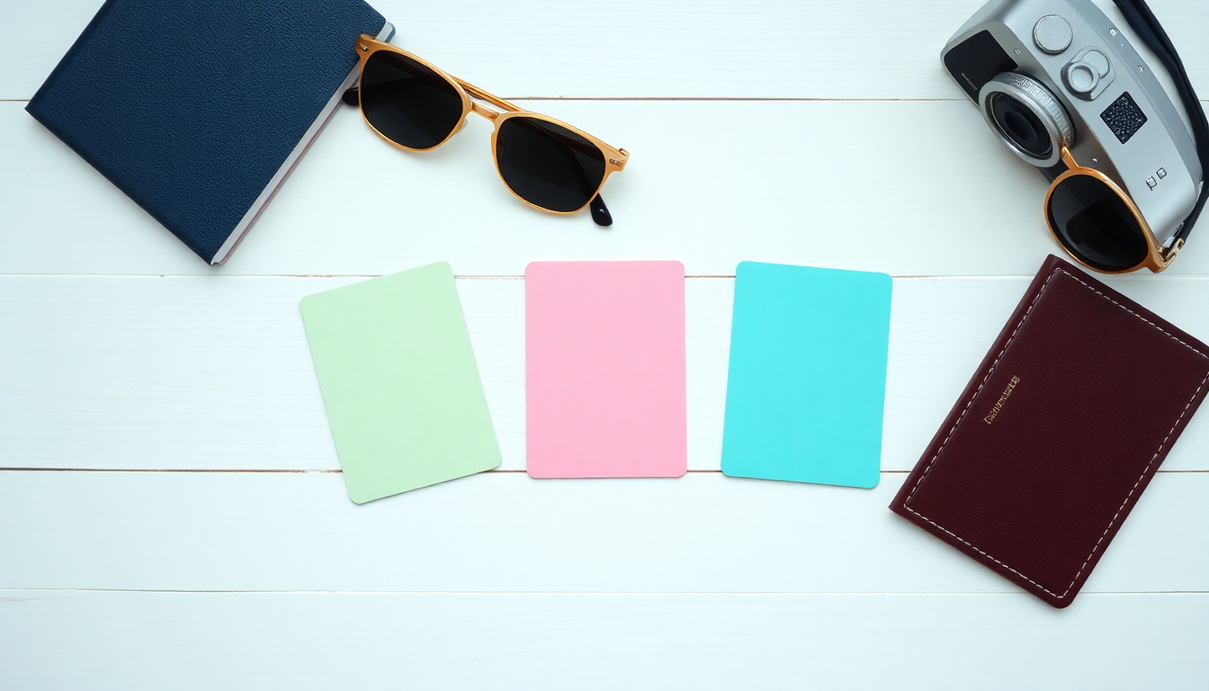여행 경비 할인을 위해 여러 신용카드와 여권, 카메라를 놓고 비교하는 플랫레이 이미지