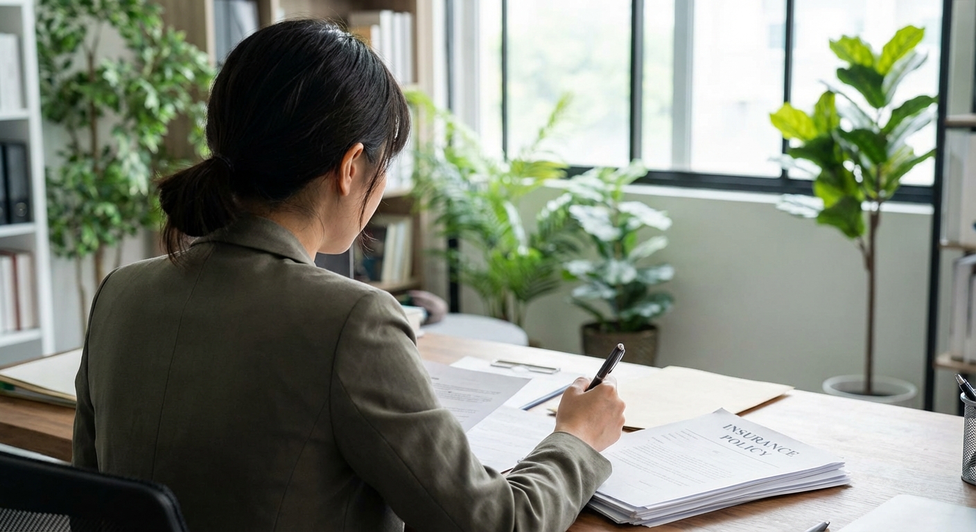 사무실 책상에 앉아 운전자 보험 서류를 펜을 들고 검토하고 있는 사람의 뒷모습.