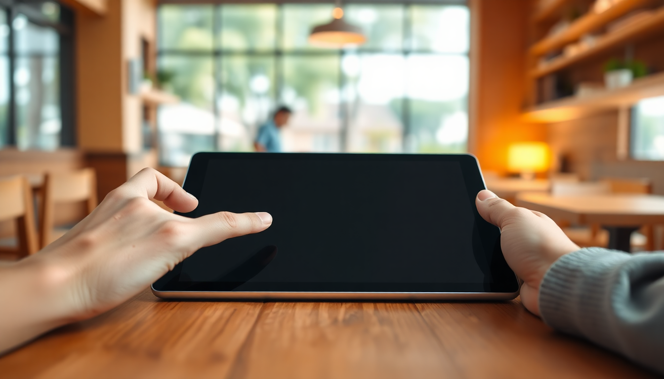 한 사람이 카페 테이블에 놓인 태블릿 화면 속 이미지의 특정 부분을 손가락으로 선택하여 AI 생성형 채우기 기능을 사용하는 모습.