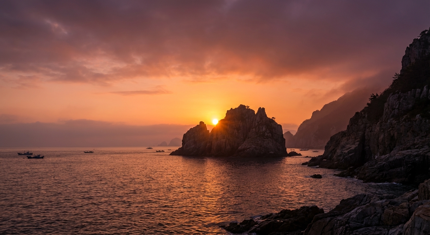 거제 해돋이 명소 비교: 해금강 vs 우제봉, 사자바위 vs 학동 몽돌해변, 최고의 일출 스팟은? 1 거제 해상에 솟아오른 기암괴석 위로 해가 뜨는 모습