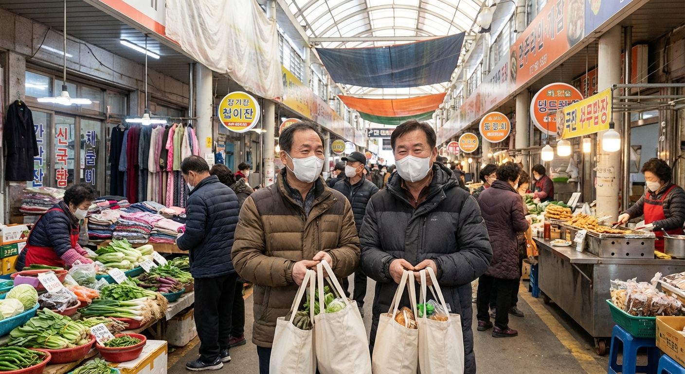 2026년 설날 무료주차장 완벽 가이드: 명절 주차 걱정 끝 5 북적이는 전통시장에서 장바구니를 들고 걸어가는 한국인 성인 부부의 모습