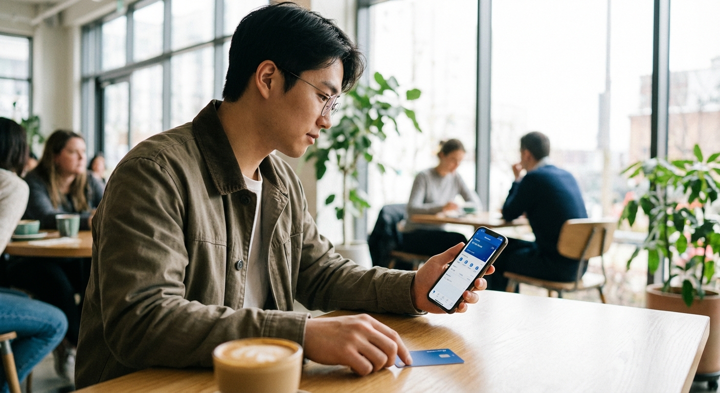 전역 후, 한 청년이 카페에 앉아 스마트폰으로 금융 앱을 확인하며 나라사랑카드를 활용하는 모습.