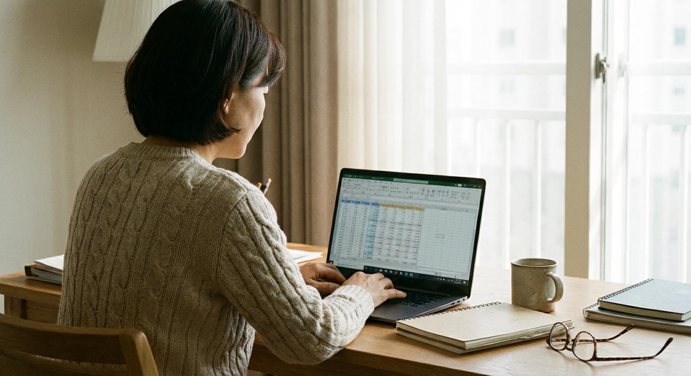 책상에 앉아 노트북 화면에서 급여 계산 스프레드시트를 보고 있는 한국 성인의 뒷모습 어깨 너머 시점