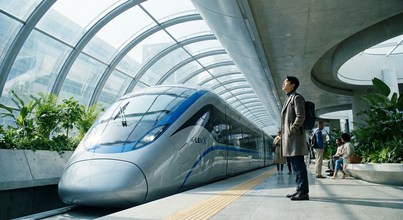 역 플랫폼에 도착하는 자기부상열차를 기다리는 한국 성인.