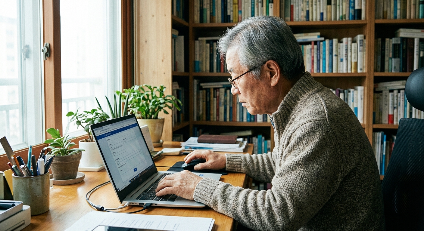 집 서재에서 노트북으로 온라인 기초연금 신청서를 작성하는 노년 남성