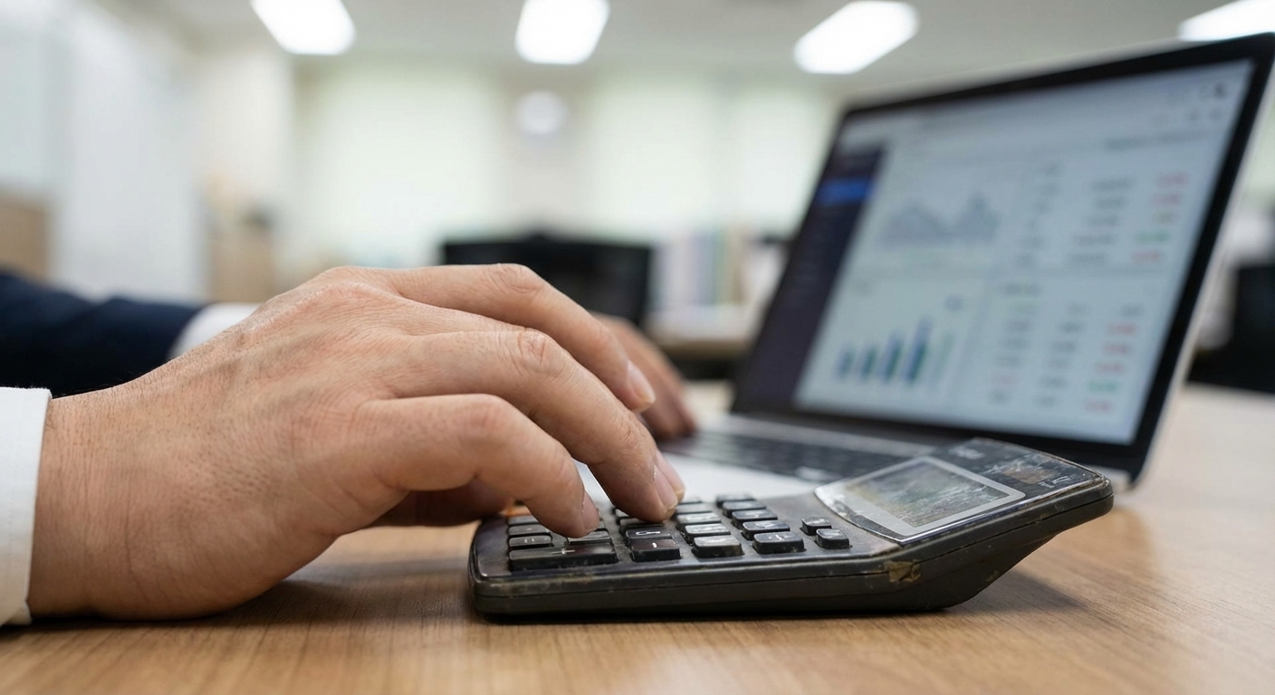 한국 성인 직장인의 손이 노트북 옆에서 계산기를 사용하여 숫자를 입력하고 있는 모습