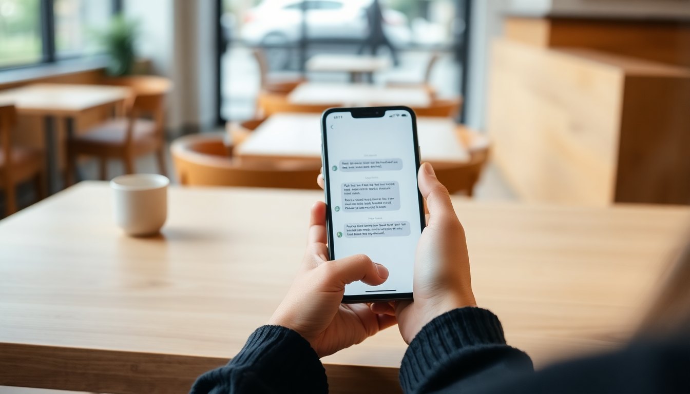 한 여성이 어깨 너머로 보이는 스마트폰 화면에서 카카오톡 상담을 이용하고 있는 모습