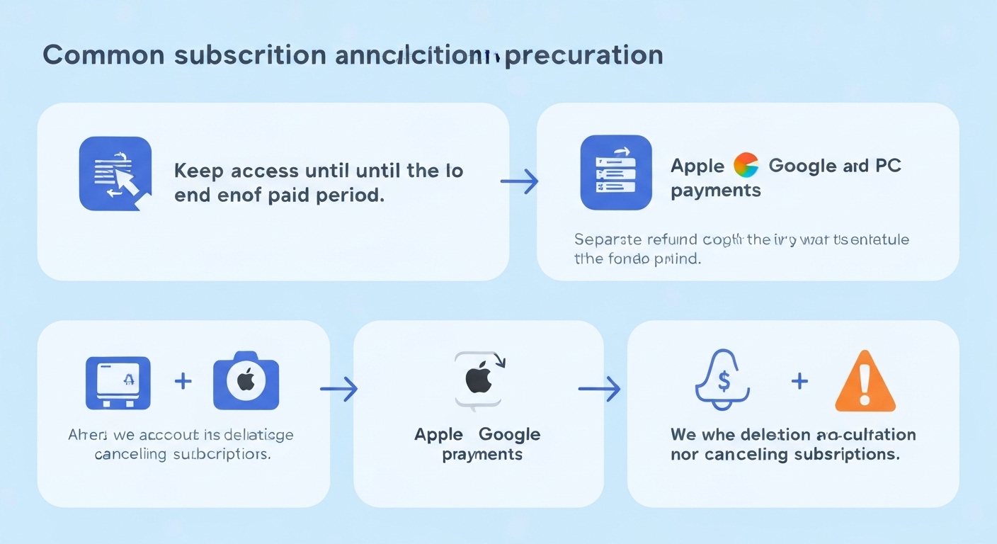 구독 취소 전후 주의사항을 인포그래픽으로 표현한 이미지로 남은 기간 이용 가능, 환불 절차 별도 안내, 계정 삭제와 구독 취소 별개 강조