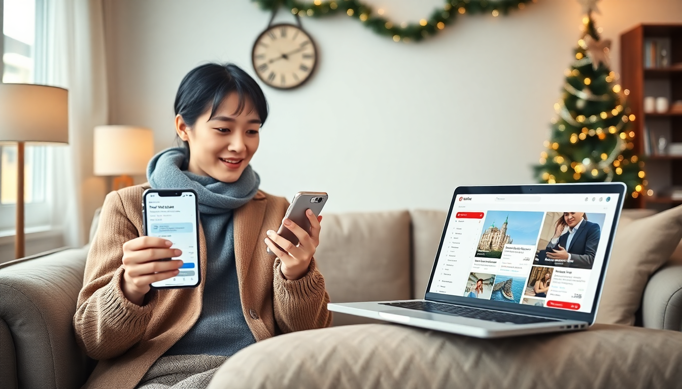 스마트폰과 노트북으로 트립닷컴 할인코드를 비교하며 스마트하게 여행 계획하는 한국 여행객