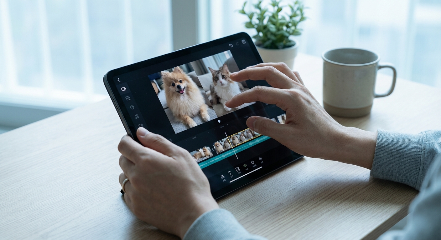 한 한국인 성인이 태블릿 화면에서 반려동물 영상 편집 인터페이스를 조작하는 손 클로즈업