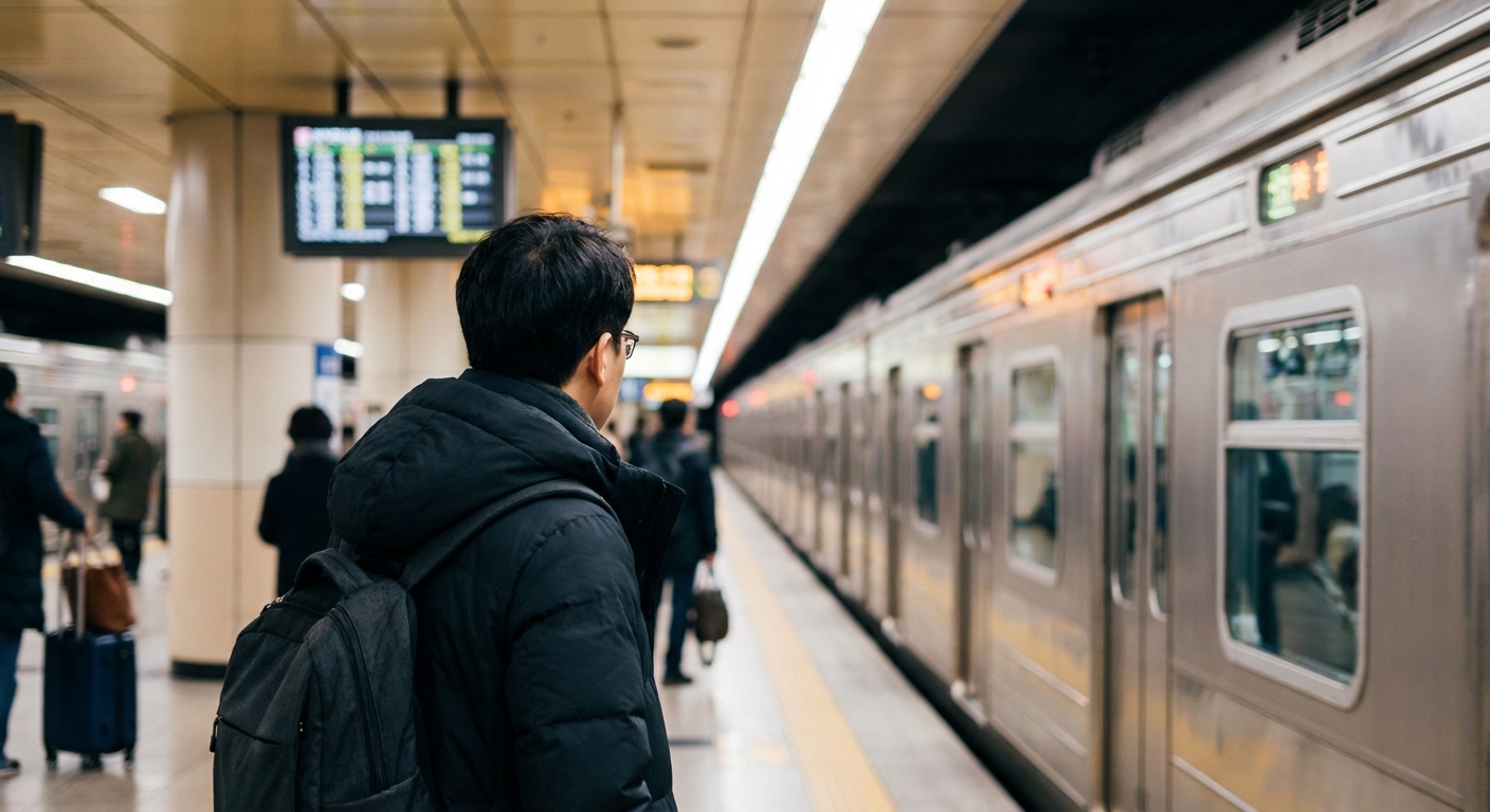지하철 승강장에서 열차를 기다리는 한국인 성인 직장인의 뒷모습