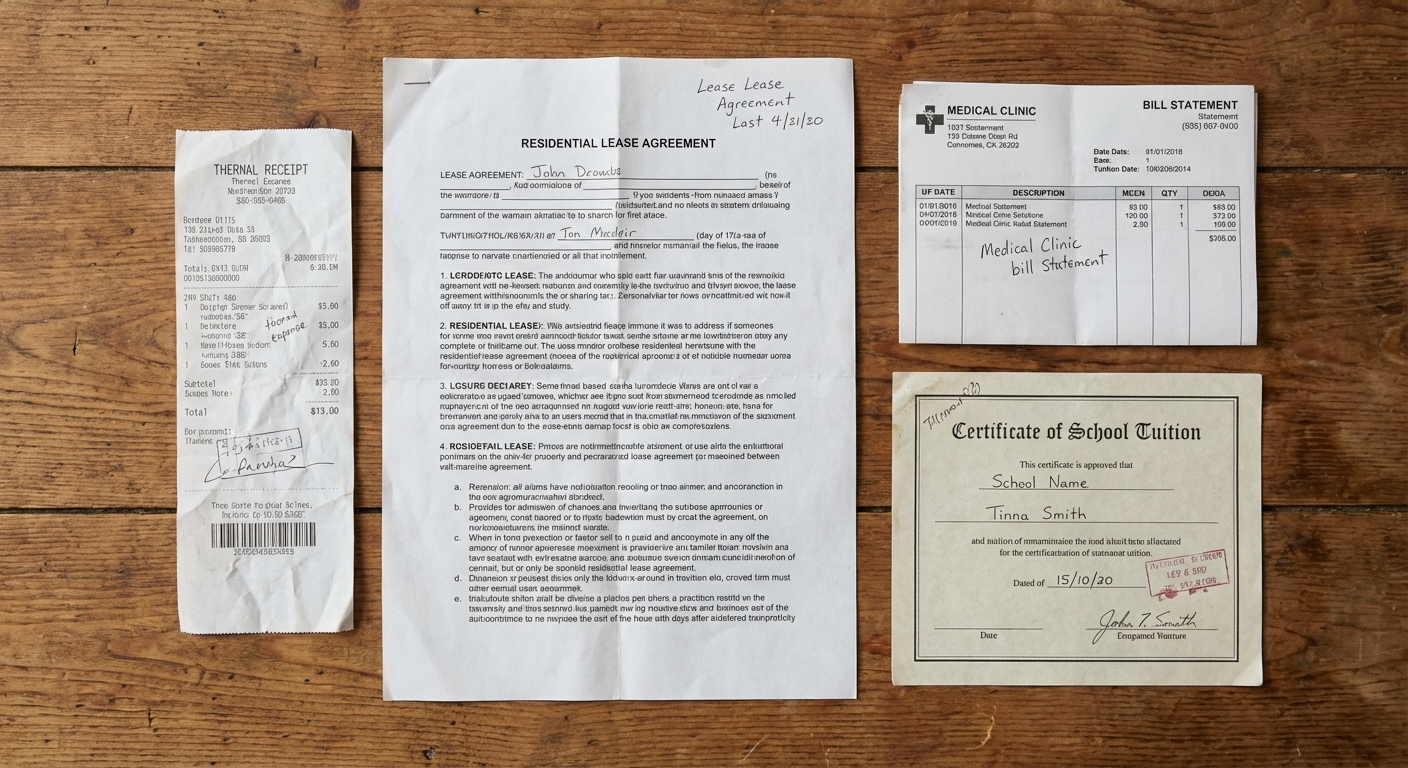 연말정산 미리보기 서비스 활용법 누락 공제 신고까지 완벽 정복 4 월세 계약서 의료비 영수증 교육비 납입 증명서 등 연말정산 서류들이 나무 책상 위에 펼쳐져 있는 모습.