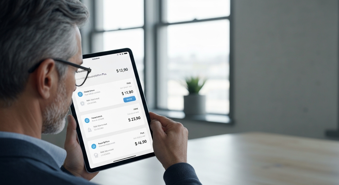 사람이 디지털 태블릿 화면에서 다양한 구독 플랜과 가격을 비교하며 생각하는 모습