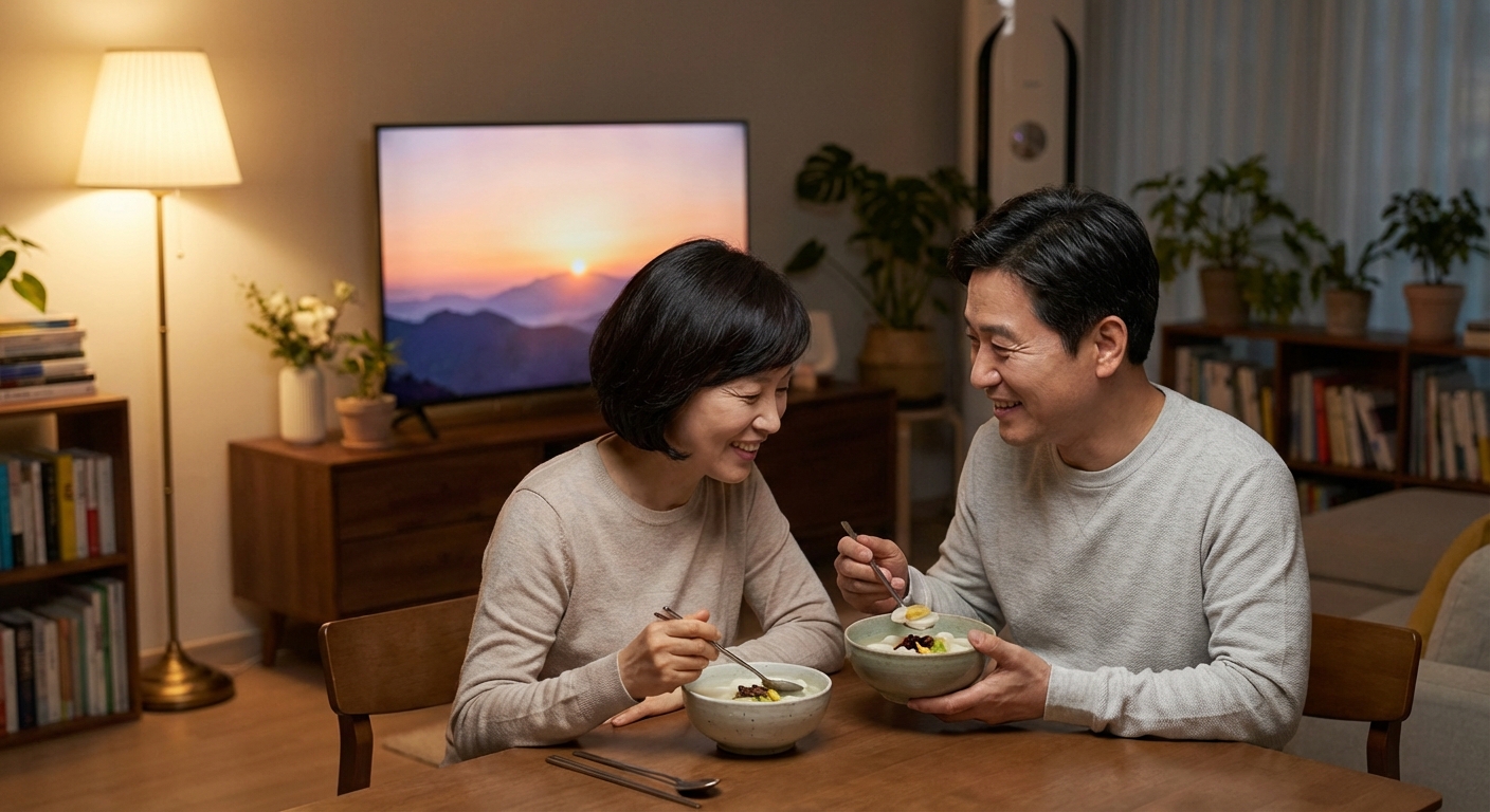 식탁에 마주 앉아 떡국을 먹으며 TV로 해돋이를 시청하는 두 한국인 성인 모습