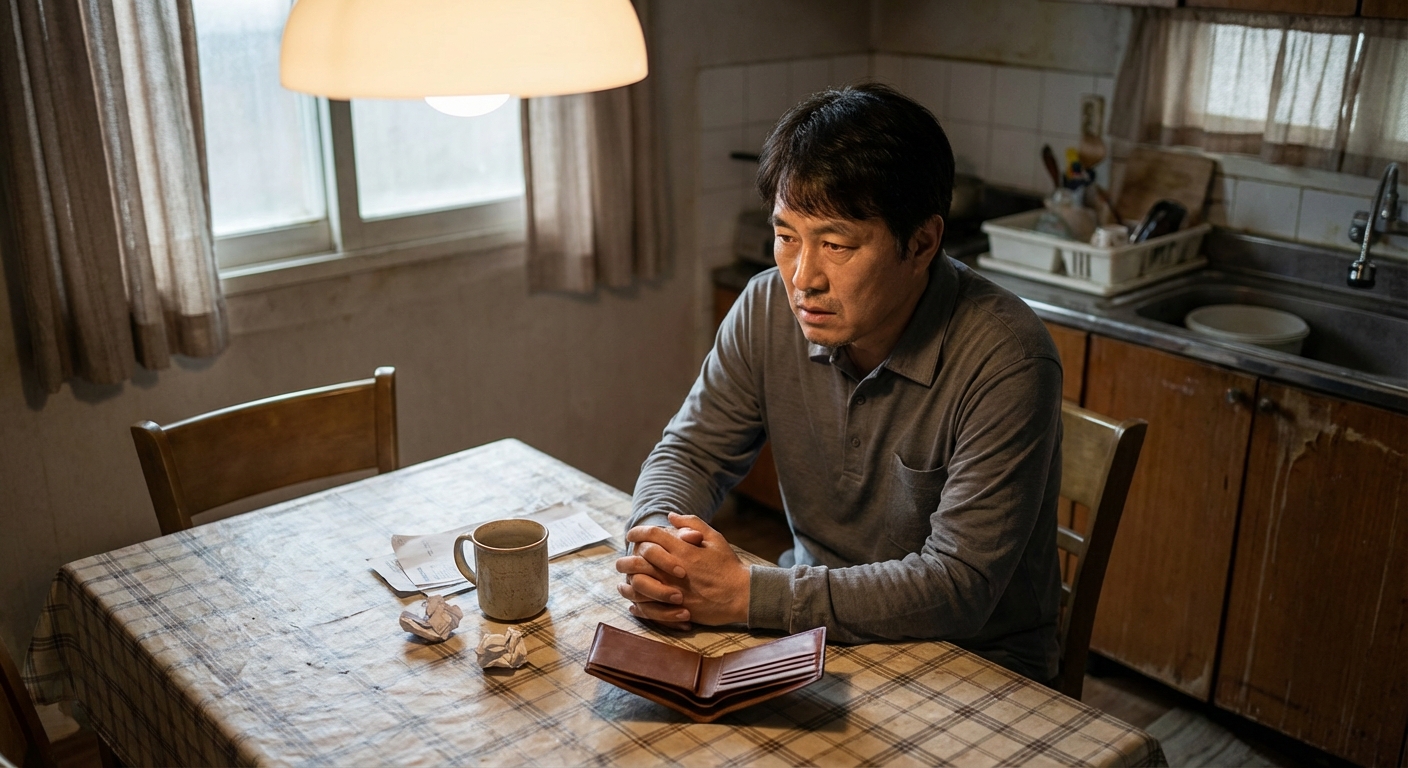 한국 성인이 식탁에 앉아 텅 빈 지갑을 보며 걱정하는 모습