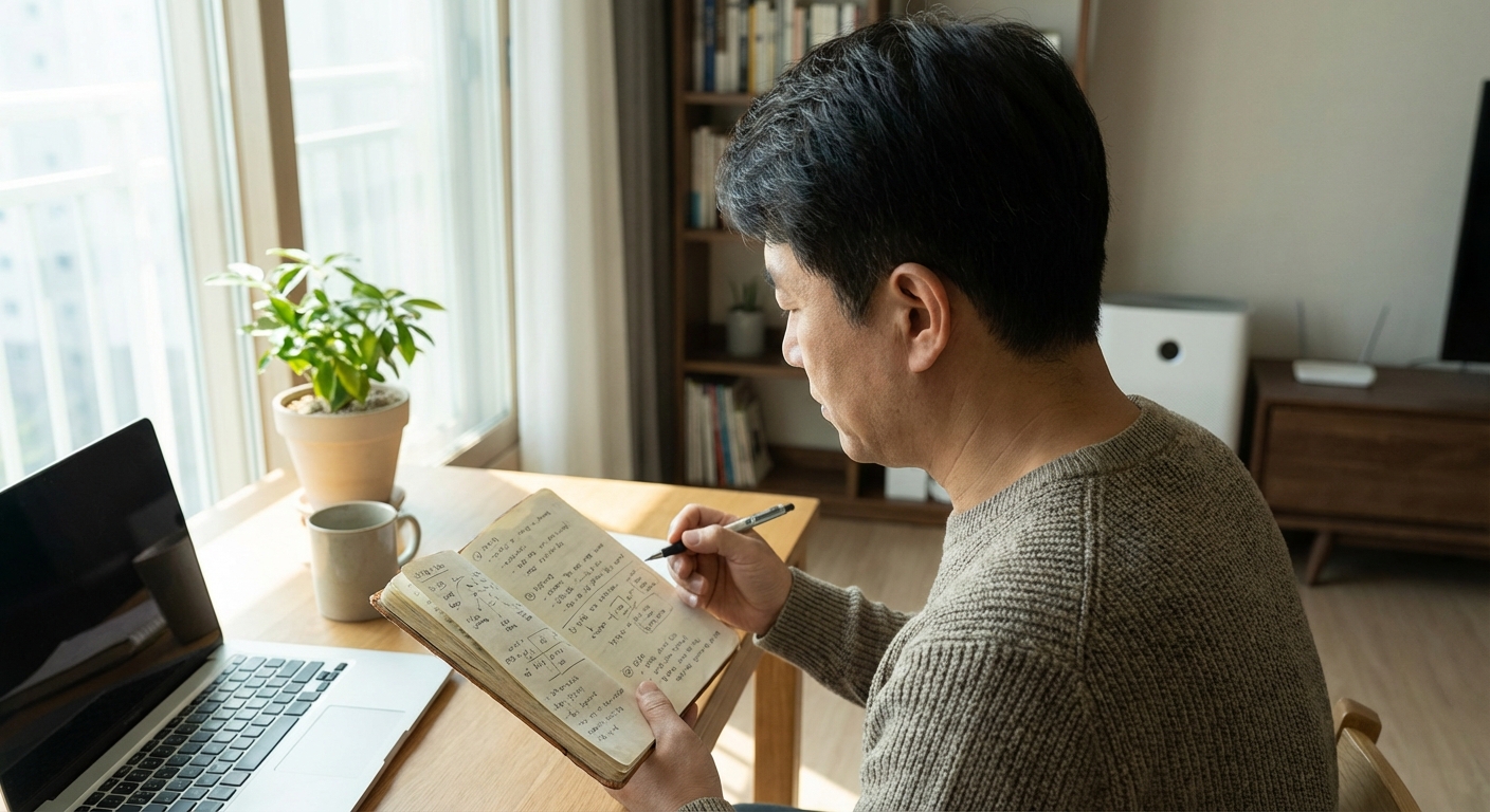 노트북에 투자 원칙을 적고 있는 한국 성인의 모습