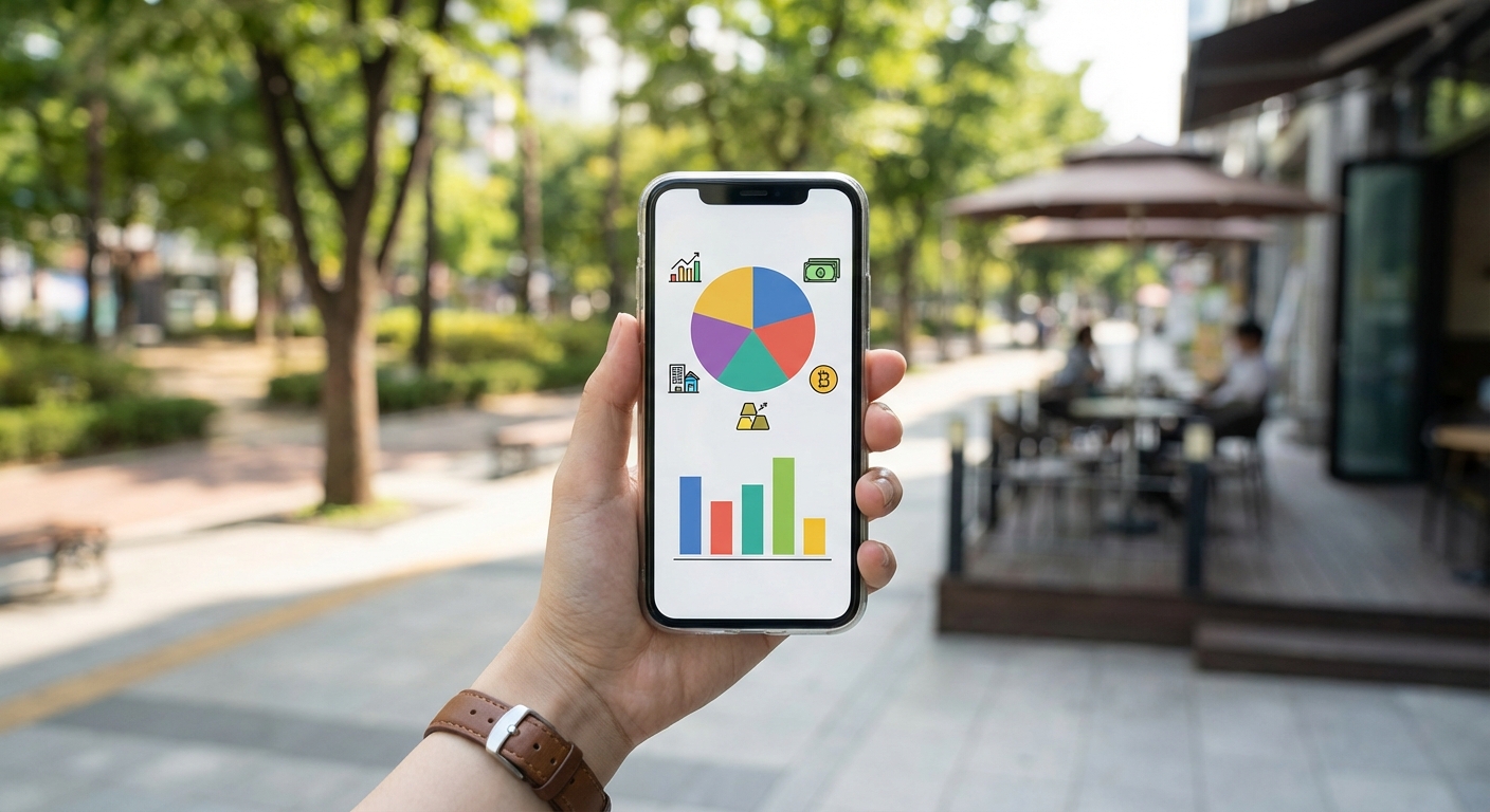 다양한 자산 클래스가 표시된 분산 투자 포트폴리오를 스마트폰으로 확인하는 한국 성인