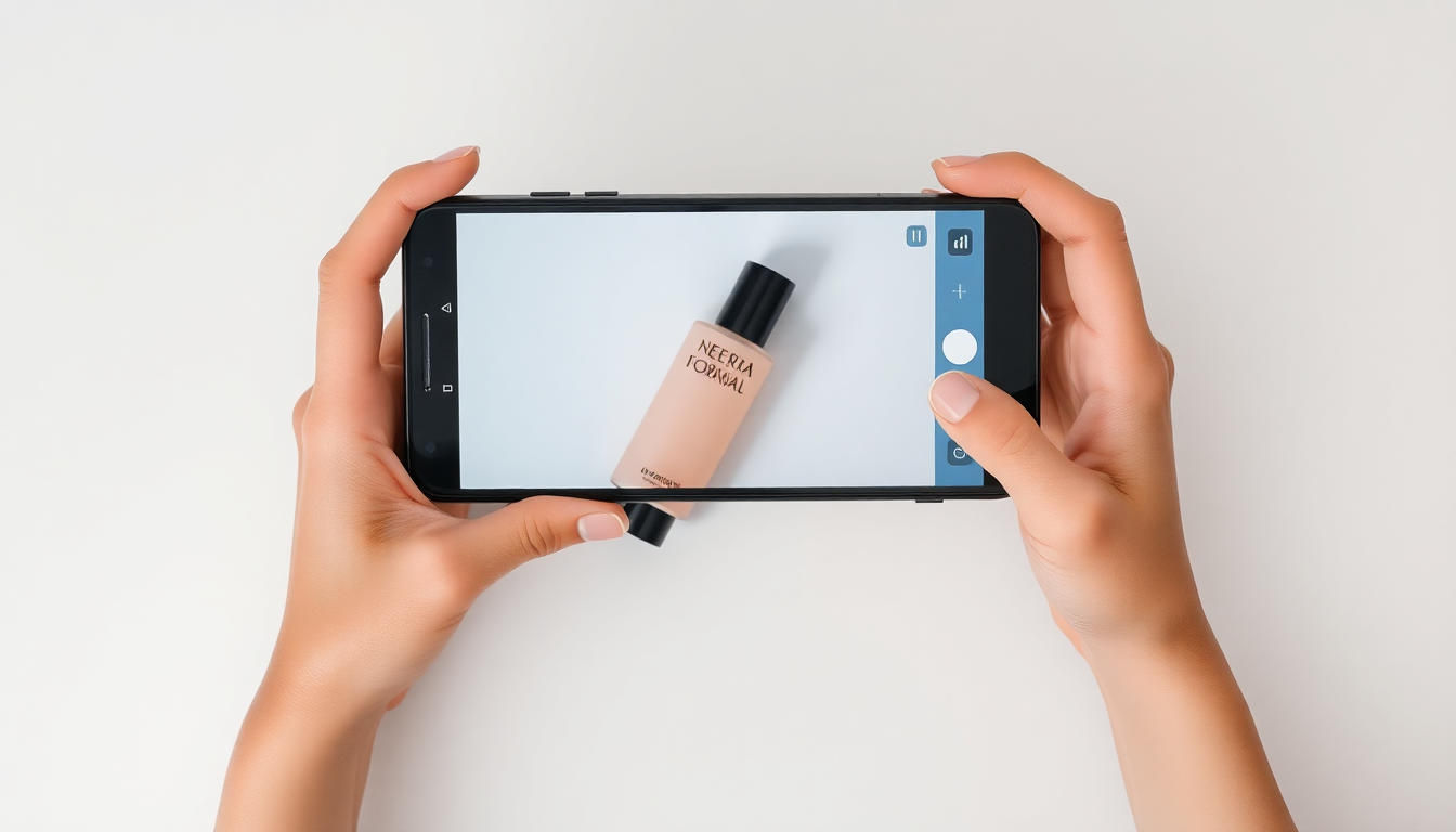 파손된 화장품 사진을 찍어 올리브영 앱 1:1 문의에 첨부하려는 손 모습