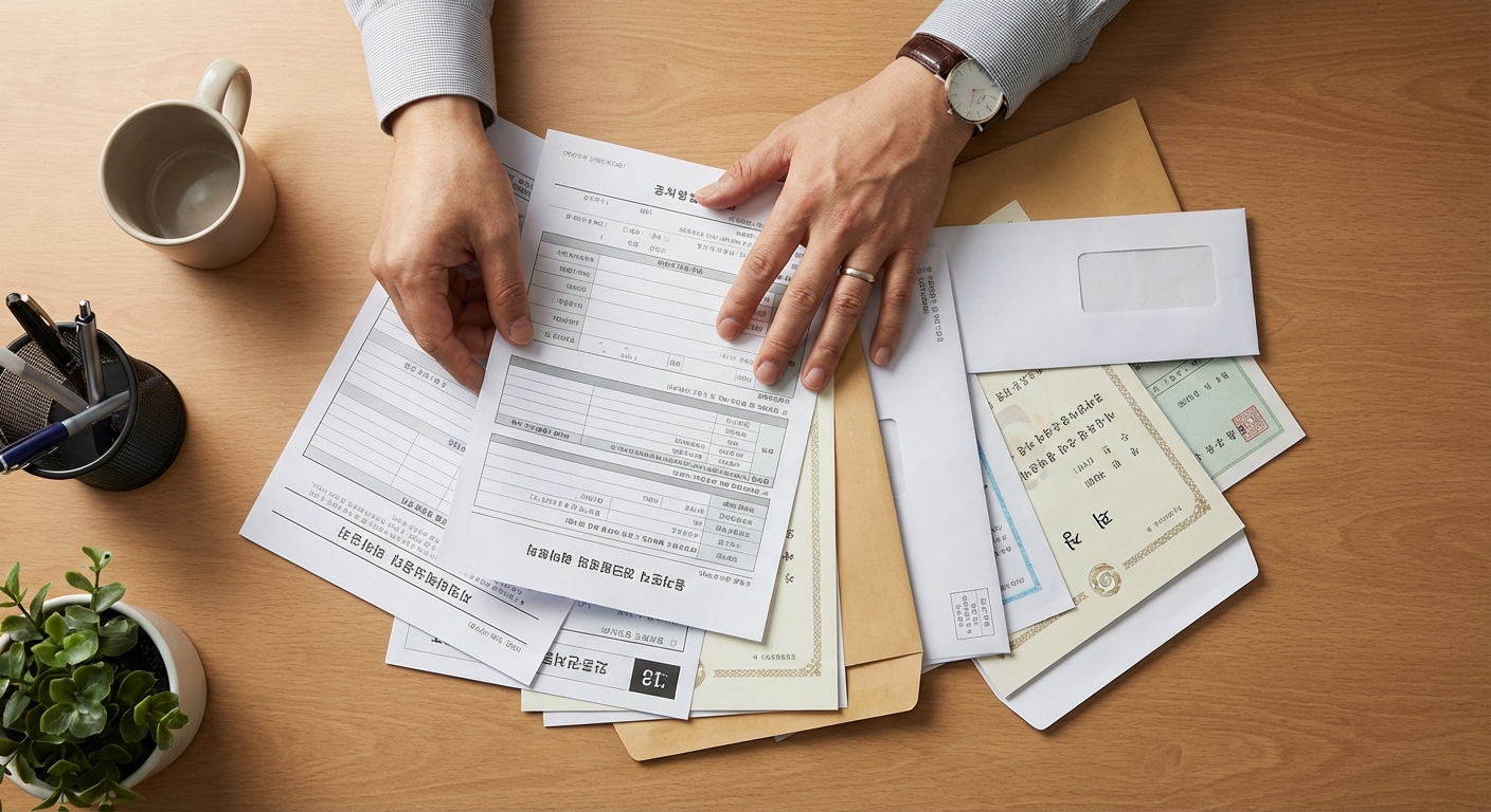 한국 성인의 손이 깔끔한 책상 위에서 여러 공식 서류를 꼼꼼하게 정리하는 모습