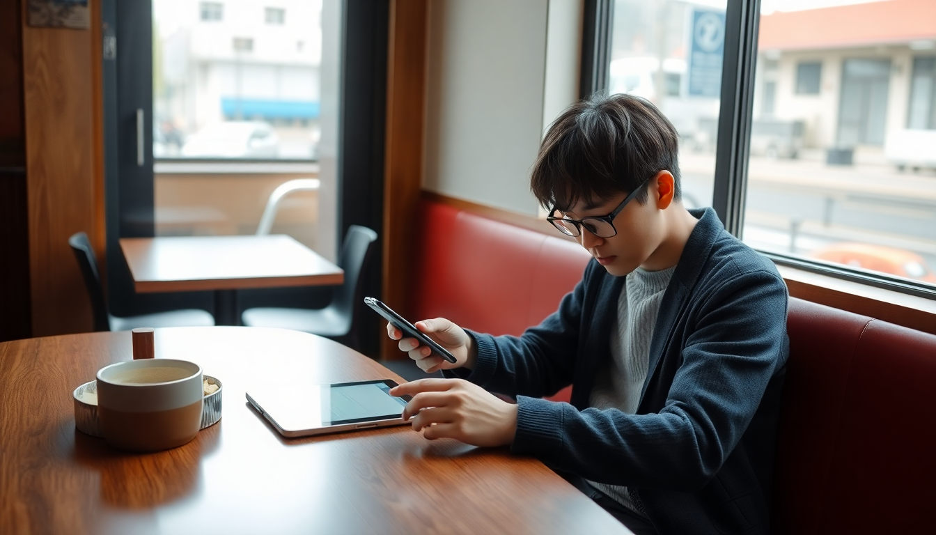 카페에 앉아 스마트폰과 태블릿을 동시에 보며 여러 OTT 요금제나 통신사 할인 혜택을 비교하고 있는 사람의 어깨 너머 모습.