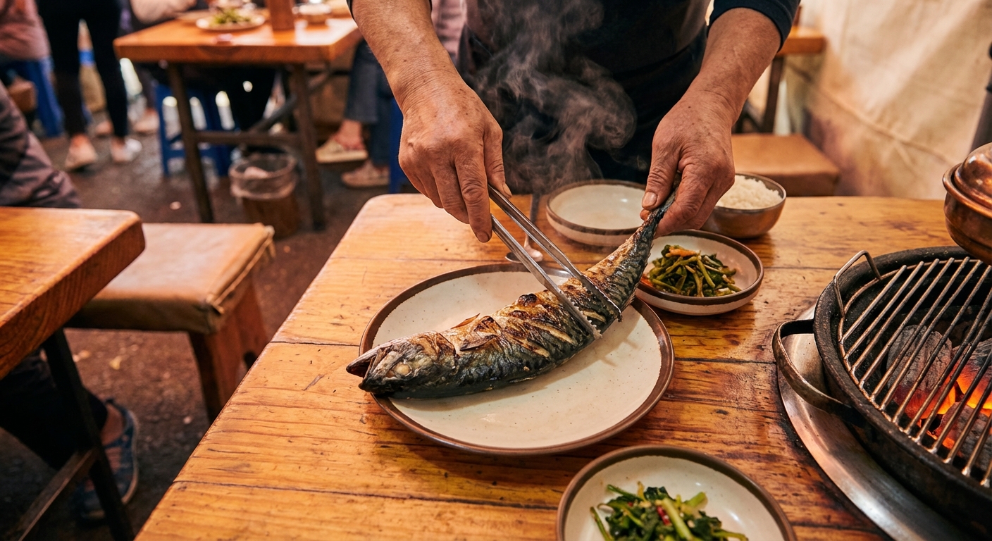 따뜻한 연기가 피어오르는 야외 구이터에서 갓 구운 생선을 접시에 담는 한국 성인 남성의 손 클로즈업.