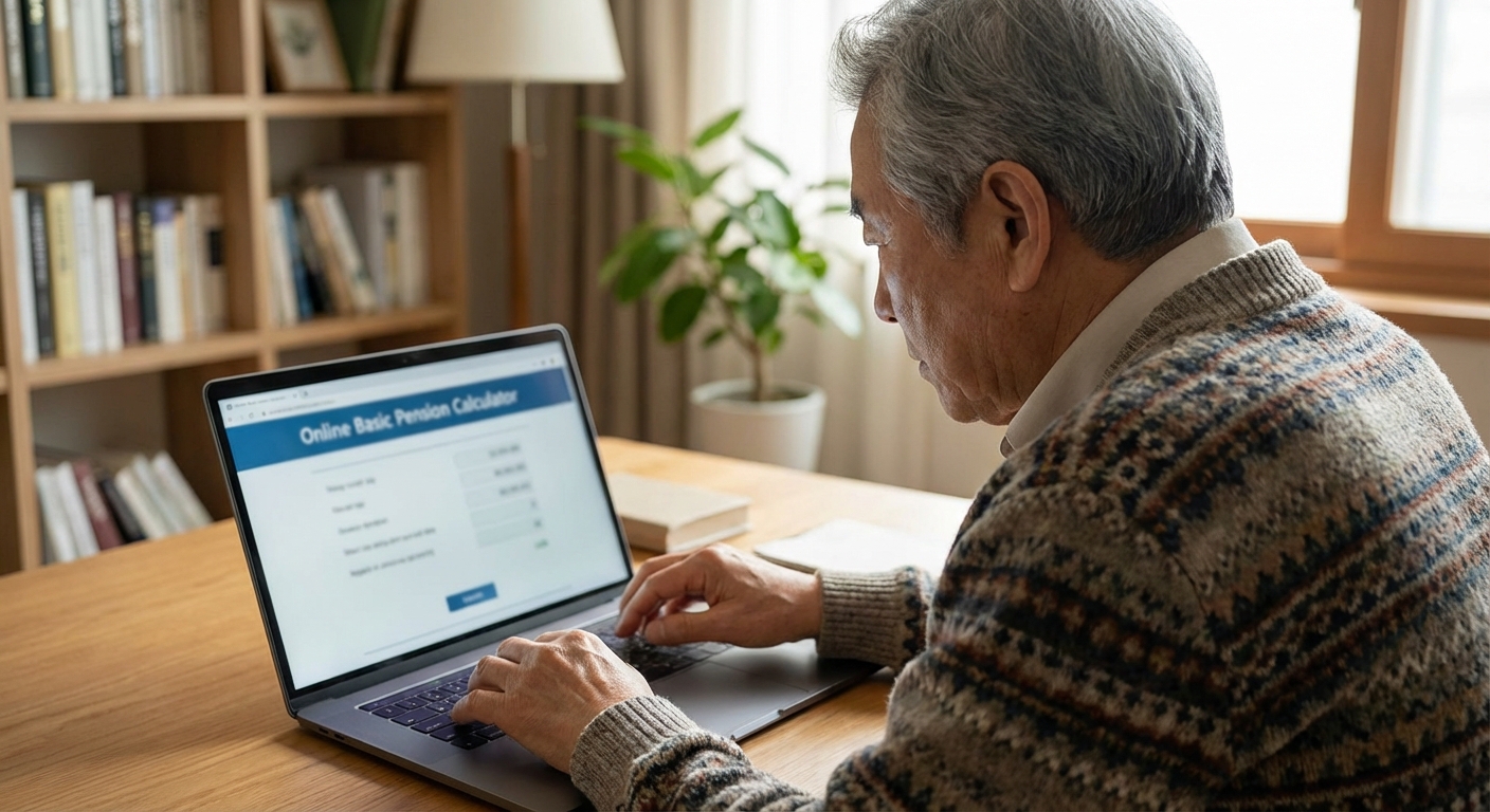 2026년 노인 단독가구 기초연금 선정기준 완벽 가이드: 월소득 247만원 이하 대상 집중 분석 3 노년의 한국인 남성이 노트북으로 기초연금 모의 계산 서비스를 이용하는 모습.