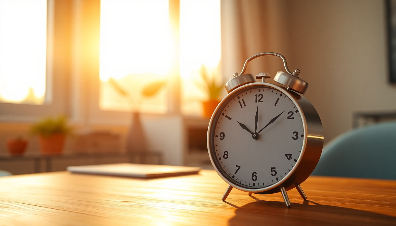 아침 햇살이 비치는 책상 위 시계가 9시 5분을 가리키는 모습