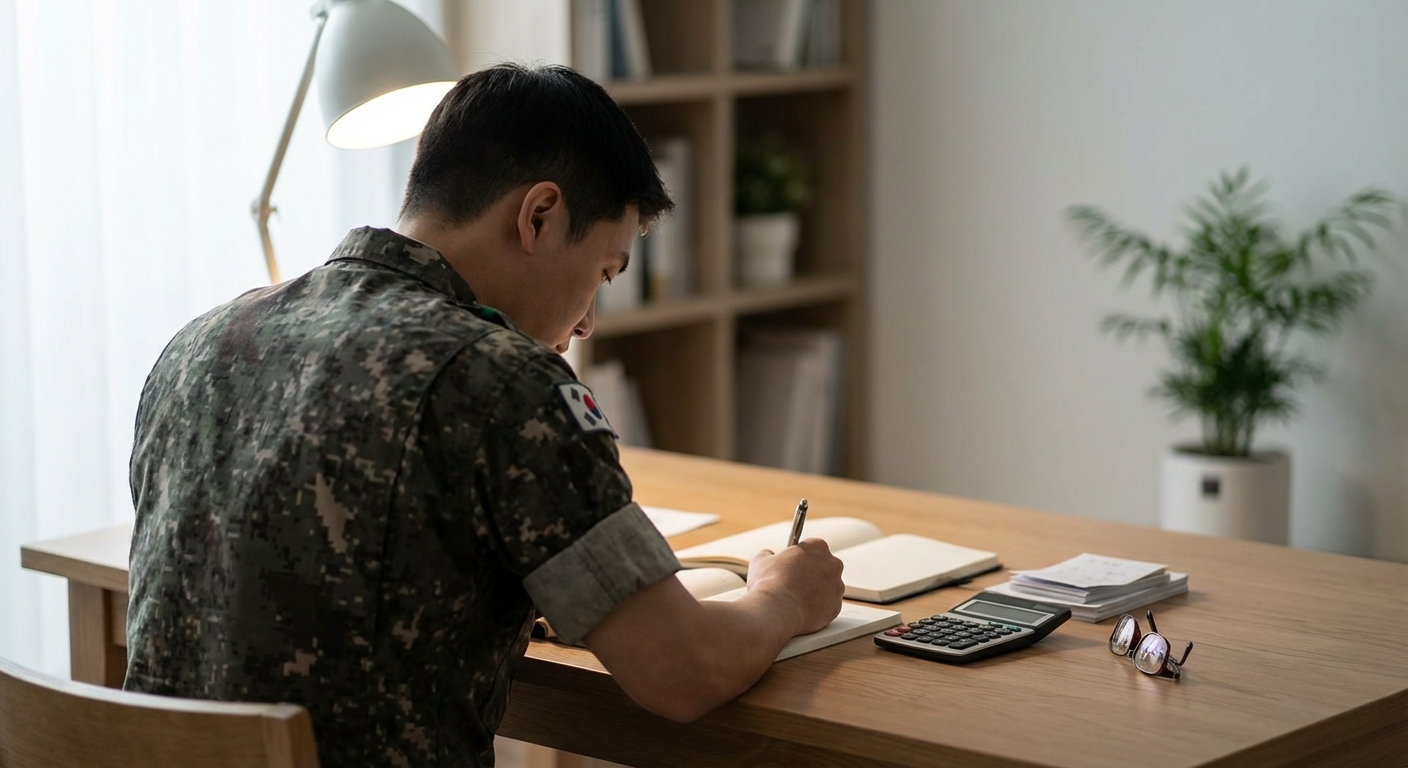 깔끔하고 미니멀한 서재 공간에서 근처 램프에서 나오는 부드러운 확산광 아래, 책상에 앉아 공책에 집중하여 글을 쓰는 한국 성인 남성 군인의 어깨 너머 샷, 얕은 심도 적용.