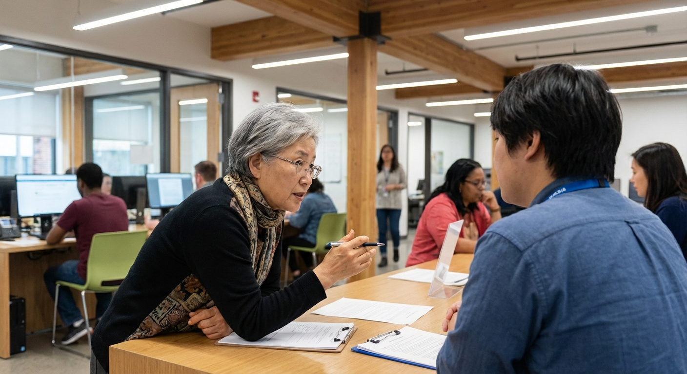 2026년 노인 단독가구 기초연금 선정기준 완벽 가이드: 월소득 247만원 이하 대상 집중 분석 4 노년의 한국인 여성이 주민센터에서 공무원과 이야기하며 서류를 작성하는 모습.