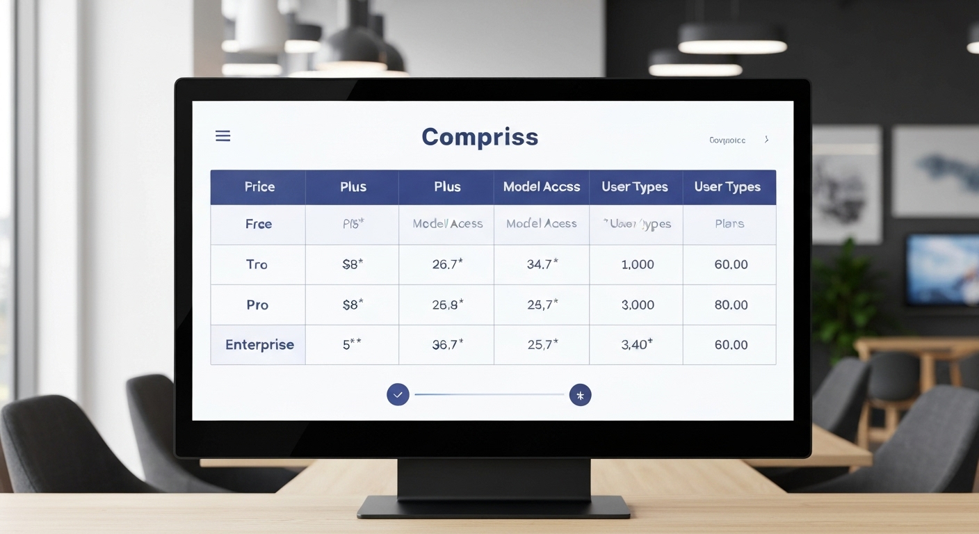여러 챗GPT 요금제를 비교한 표를 보여주는 전문적인 비즈니스 환경