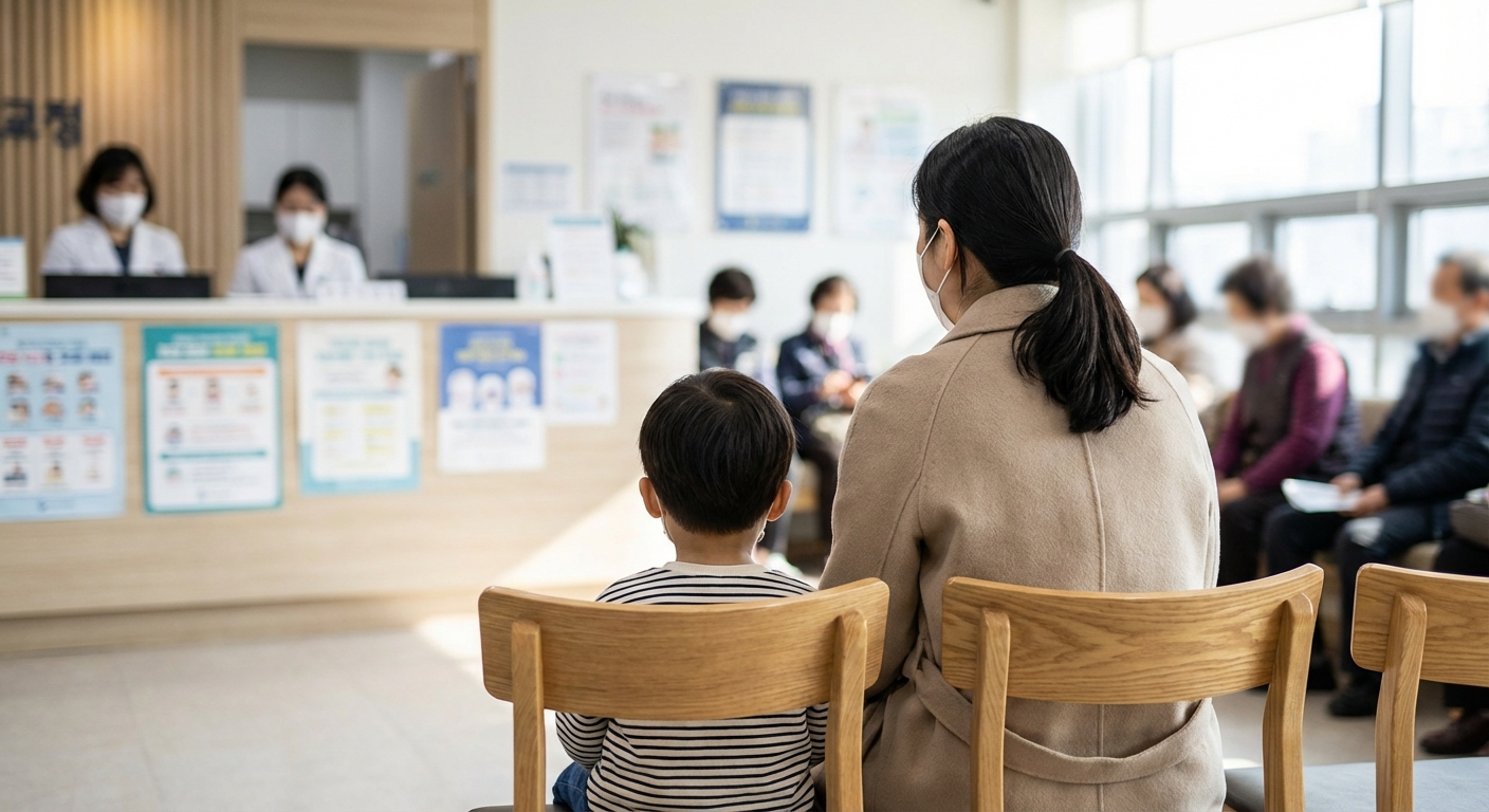 소아과 대기실에서 진료를 기다리는 한국인 부모와 아이의 뒷모습