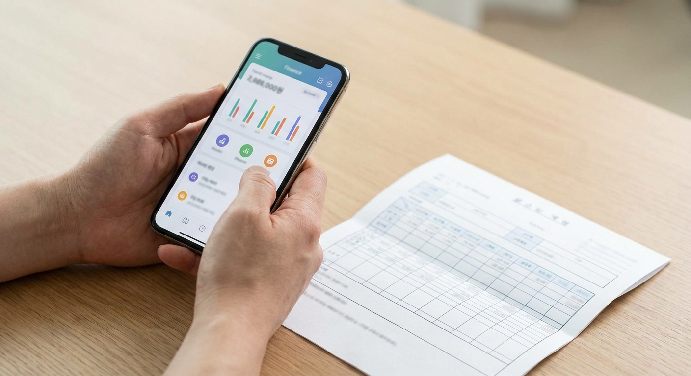 스마트폰으로 가계부 앱을 확인하며 급여 명세서를 옆에 둔 한국 성인의 손 클로즈업