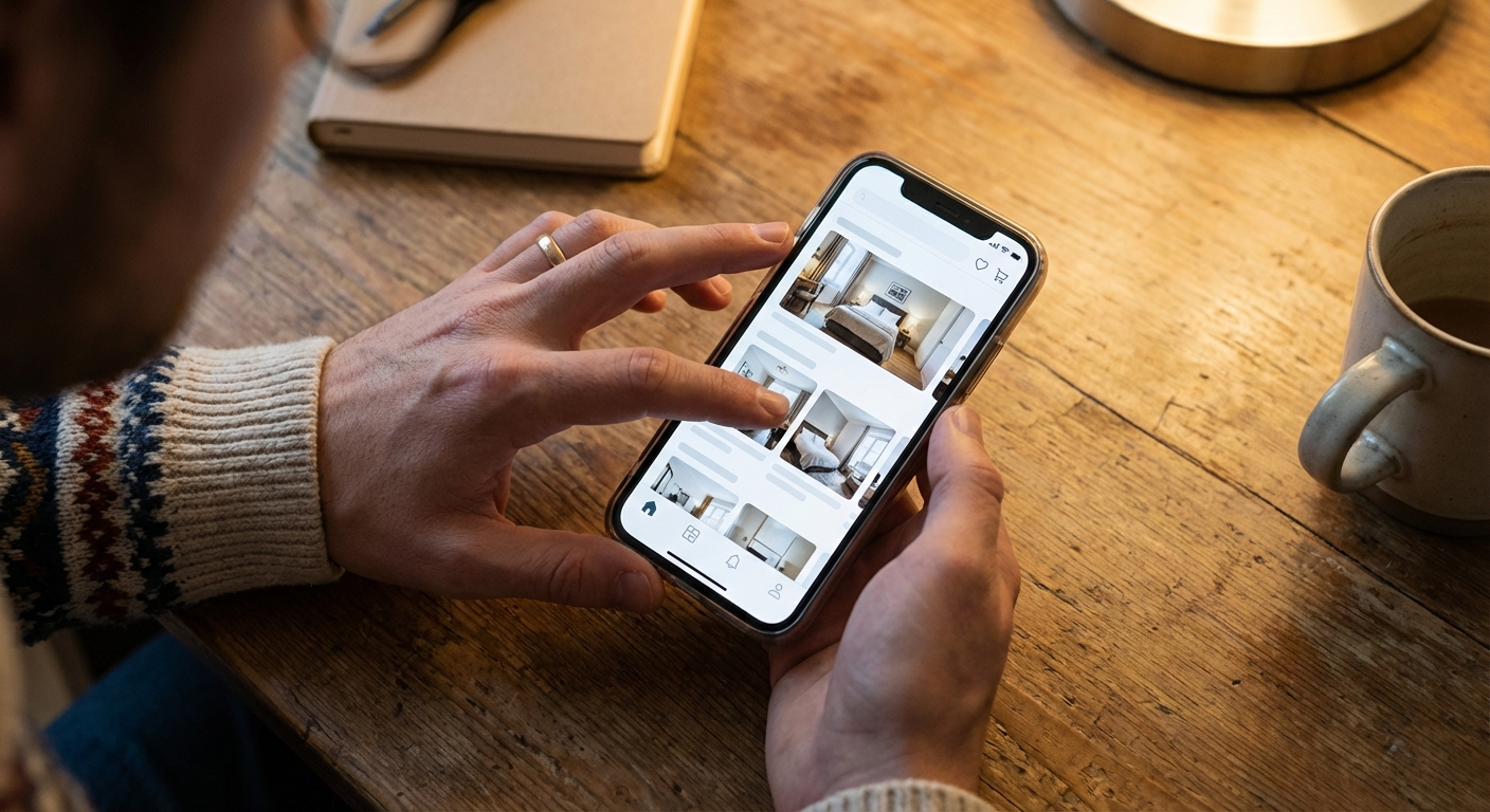 한 한국인 성인의 손이 스마트폰으로 숙소 예약 앱을 스크롤하며 비교하는 모습.