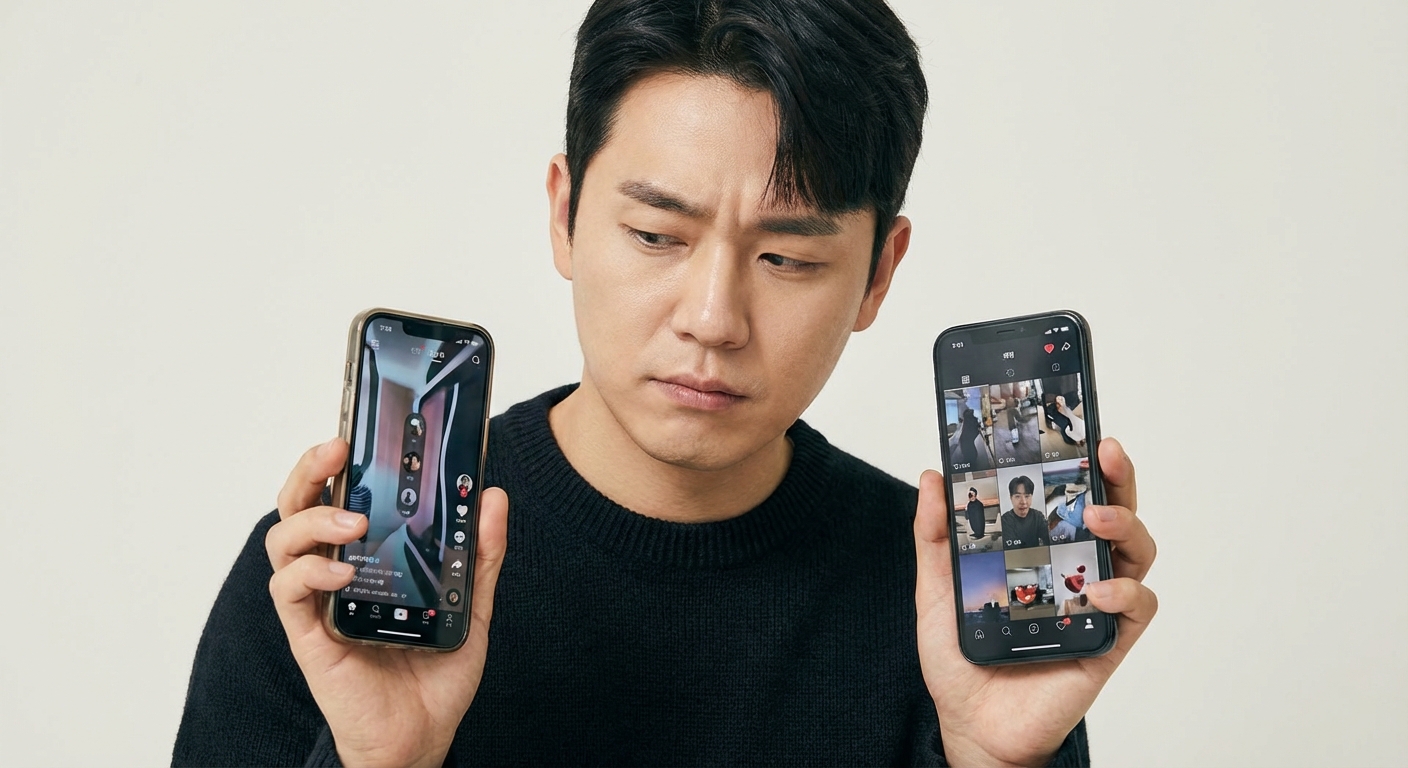 틱톡과 인스타그램 릴스 중 어디에 춤 영상을 올릴지 고민하는 한국인 남성 댄서가 두 개의 스마트폰을 들고 있는 모습.