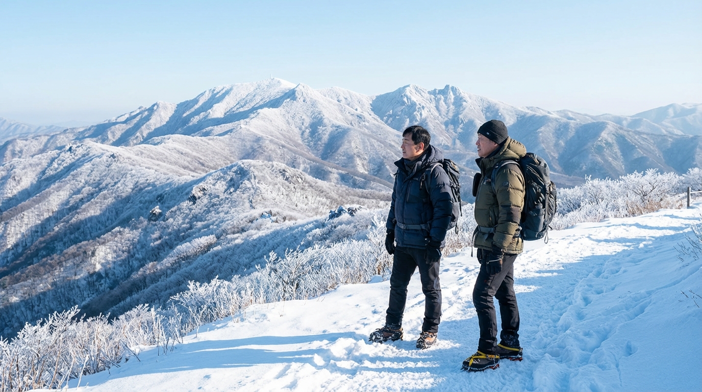 눈 덮인 태백산 등산로를 걷는 한국 성인 등산객 두 명이 웅장한 설경을 감상하는 모습.