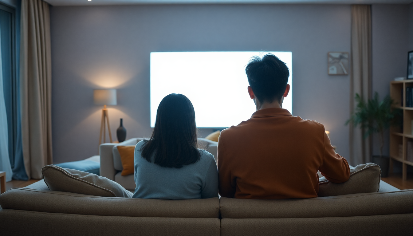 두 명의 친구가 밤에 거실 소파에 앉아 큰 TV 화면을 함께 보고 있는 뒷모습. 티빙의 스탠다드 또는 프리미엄 요금제를 상징한다.