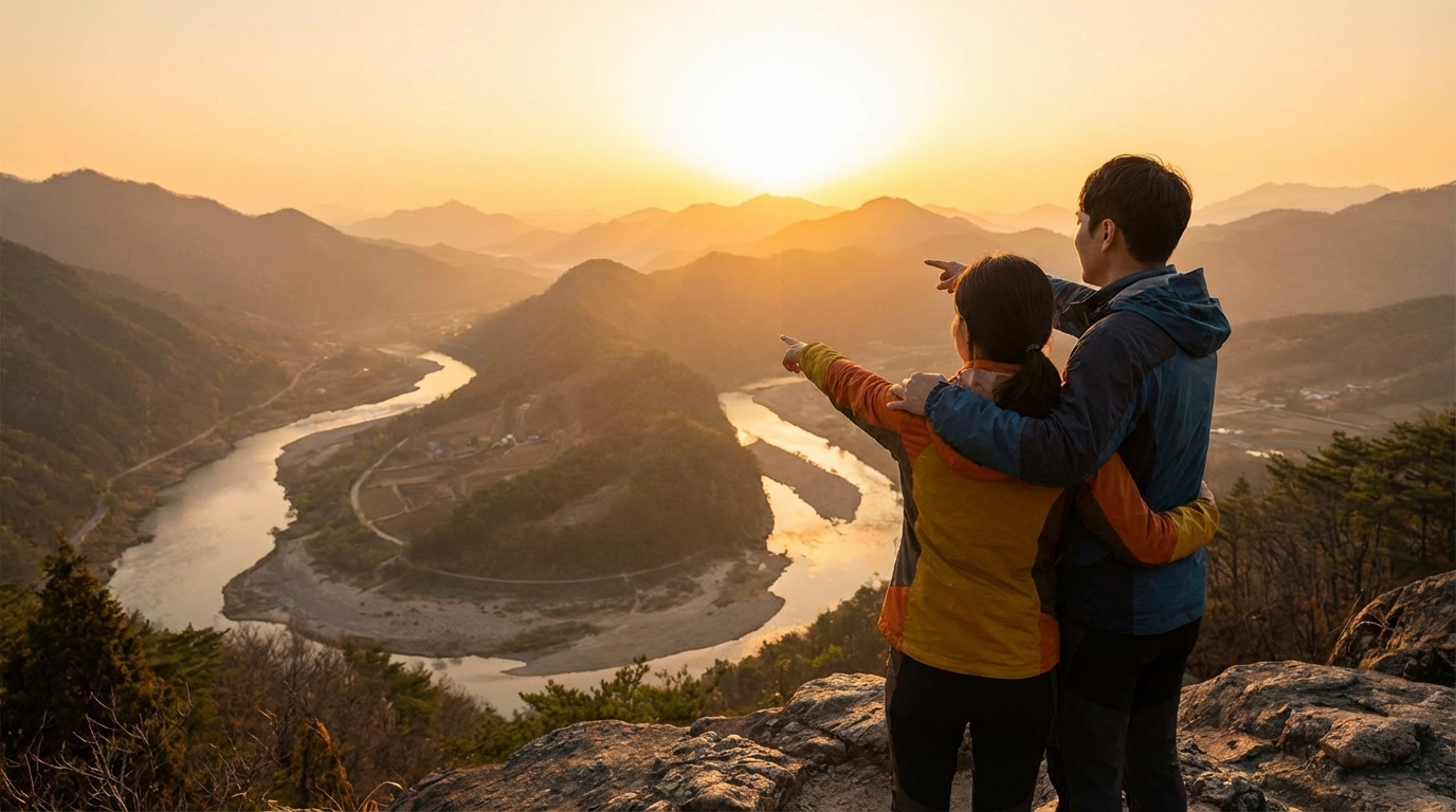 넓은 자연 풍경을 배경으로 함께 일출을 감상하는 한국인 커플의 모습.