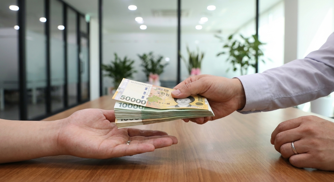 한국 직장인이 사무실에서 급여 환급액으로 추정되는 현금을 받는 모습.