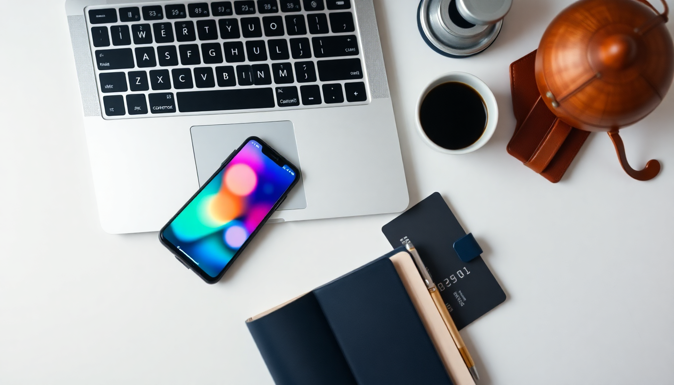 여행 예약을 위해 노트북, 스마트폰, 여권 등을 책상 위에 펼쳐놓고 비교하는 모습